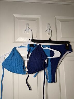Blue Two-Tone Textured Bikini Set